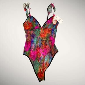 NWT Parade Soft Silky Mesh Flutter Strap BodySuit with Roses Accents, XS